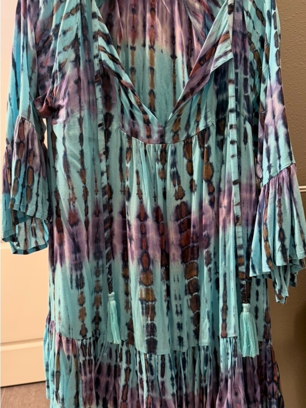Tie-Dye V-Neck Mini Dress in Aqua and Purple